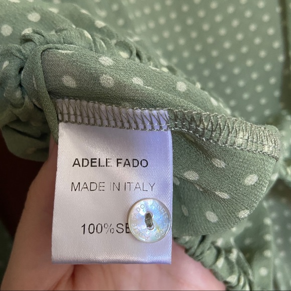 Adèle Fado 100% Silk Sage Green Polka Dot Blouse with Pleated Tie Neck - Picture 8 of 9